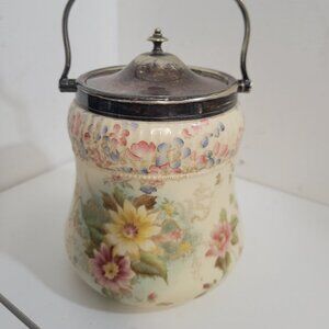Vintage Carlton Ware Porcelain Cookie Jar /Biscuit Barrel with Silverplate Trim